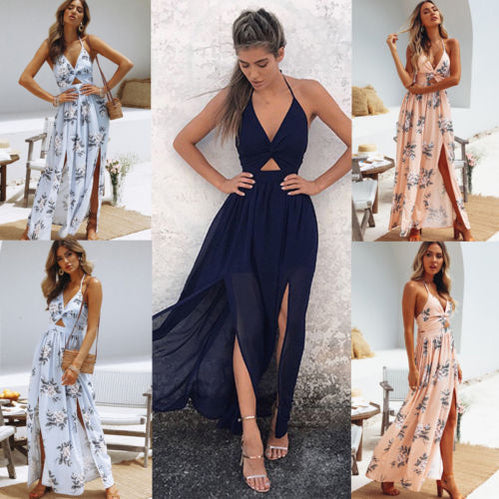 Bohemian Beach Dress Women Summer Casual Sleeveless Split Floral Off Shoulder Maxi Long Boho Dress Clothing Robe Female