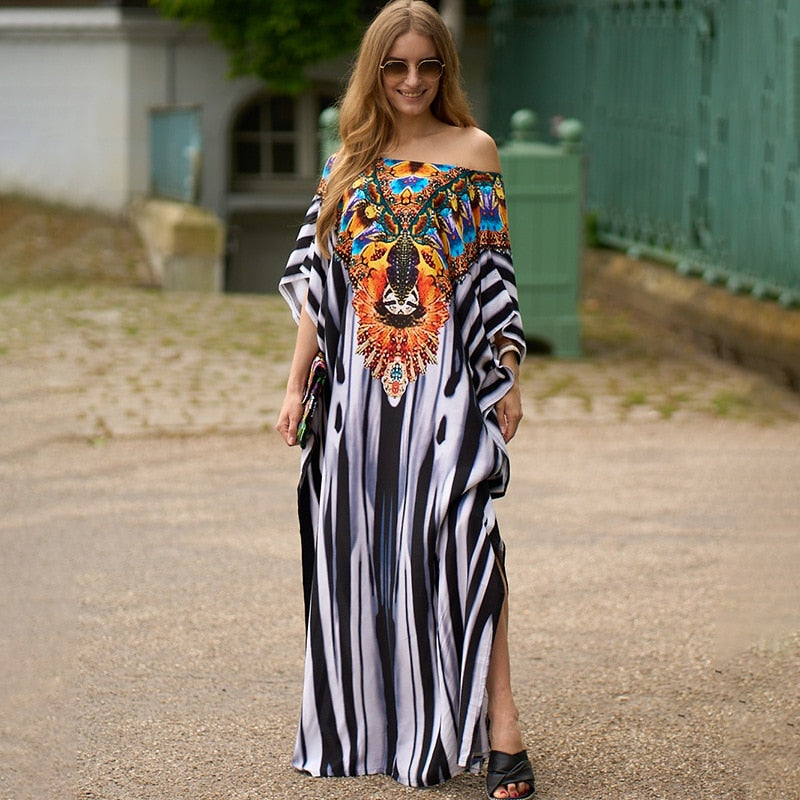 Bohemian Beach Dresses Maxi Robe Swimsuit Cover Ups for Swimwear Kaftans for Women Seaside Holiday Elegant Bathing Suits Style-3 One Size