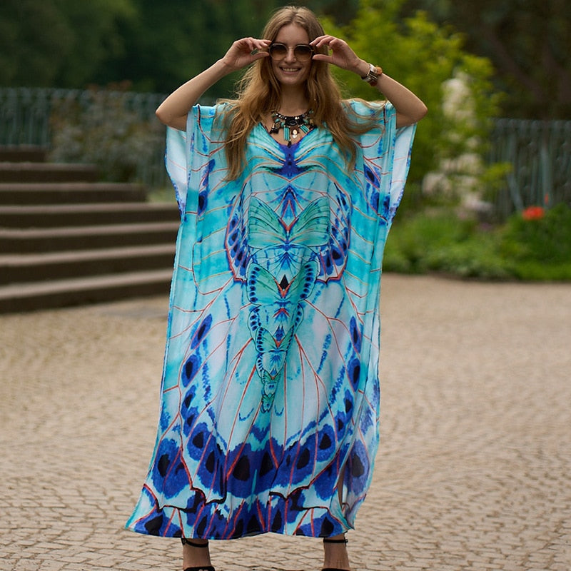Bohemian Beach Dresses Maxi Robe Swimsuit Cover Ups for Swimwear Kaftans for Women Seaside Holiday Elegant Bathing Suits Style-2 One Size