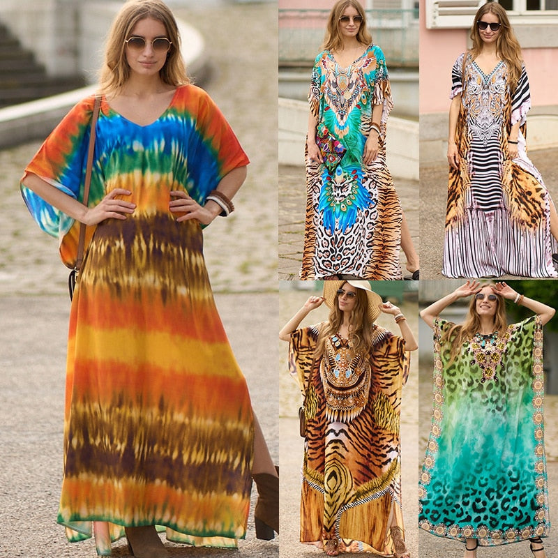 Bohemian Beach Dresses Maxi Robe Swimsuit Cover Ups for Swimwear Kaftans for Women Seaside Holiday Elegant Bathing Suits