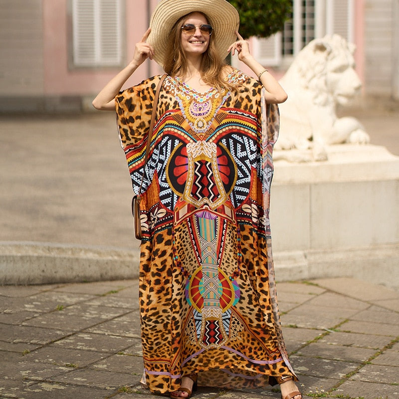 Bohemian Beach Dresses Maxi Robe Swimsuit Cover Ups for Swimwear Kaftans for Women Seaside Holiday Elegant Bathing Suits Style-9 One Size