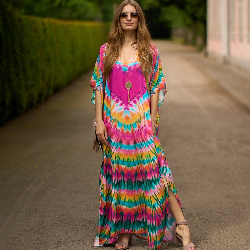 Bohemian Beach Dresses Maxi Robe Swimsuit Cover Ups for Swimwear Kaftans for Women Seaside Holiday Elegant Bathing Suits Style-10 One Size