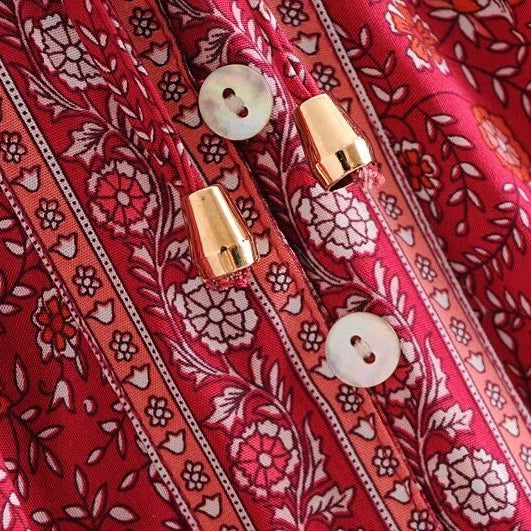 Bohemian Lacing up O neck Floral Print Cotton Shirt BOHO Holiday Women Single-Breasted Long Sleeve Blouse Causal Tops Beach