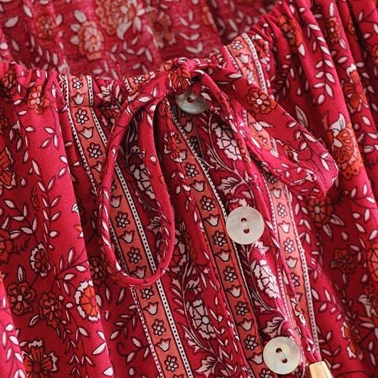 Bohemian Lacing up O neck Floral Print Cotton Shirt BOHO Holiday Women Single-Breasted Long Sleeve Blouse Causal Tops Beach