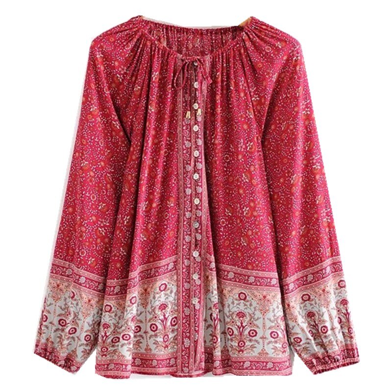 Bohemian Lacing up O neck Floral Print Cotton Shirt BOHO Holiday Women Single-Breasted Long Sleeve Blouse Causal Tops Beach Red
