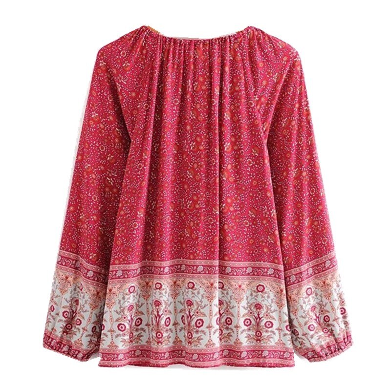 Bohemian Lacing up O neck Floral Print Cotton Shirt BOHO Holiday Women Single-Breasted Long Sleeve Blouse Causal Tops Beach
