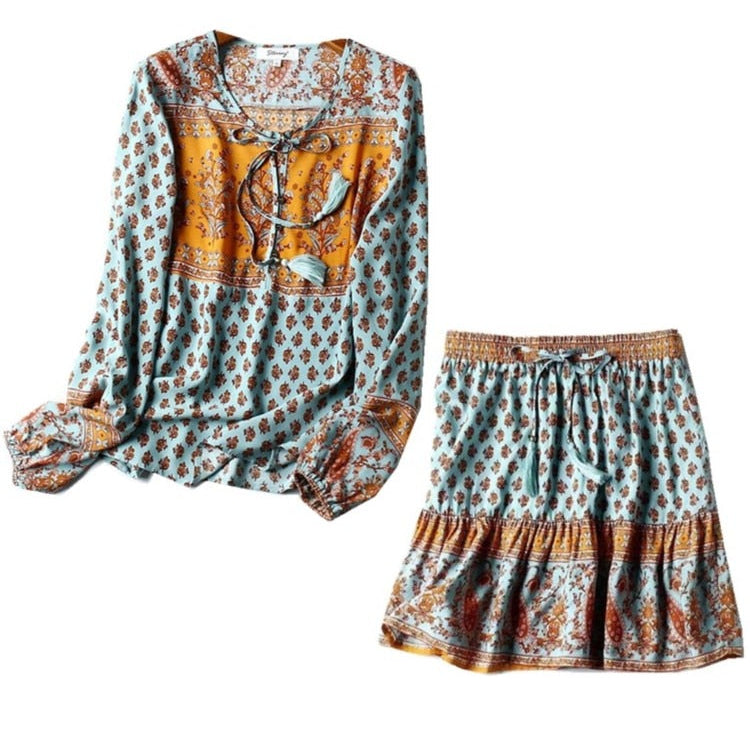 Bohemian Lacing up Tassel Floral Shirt Sexy Women Elastic Waist Mini Short Skirt Long Sleeve Blouse Holiday 2 Pieces Set turquoise 1 set