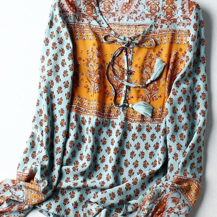 Bohemian Lacing up Tassel Floral Shirt Sexy Women Elastic Waist Mini Short Skirt Long Sleeve Blouse Holiday 2 Pieces Set turquoise shirt only