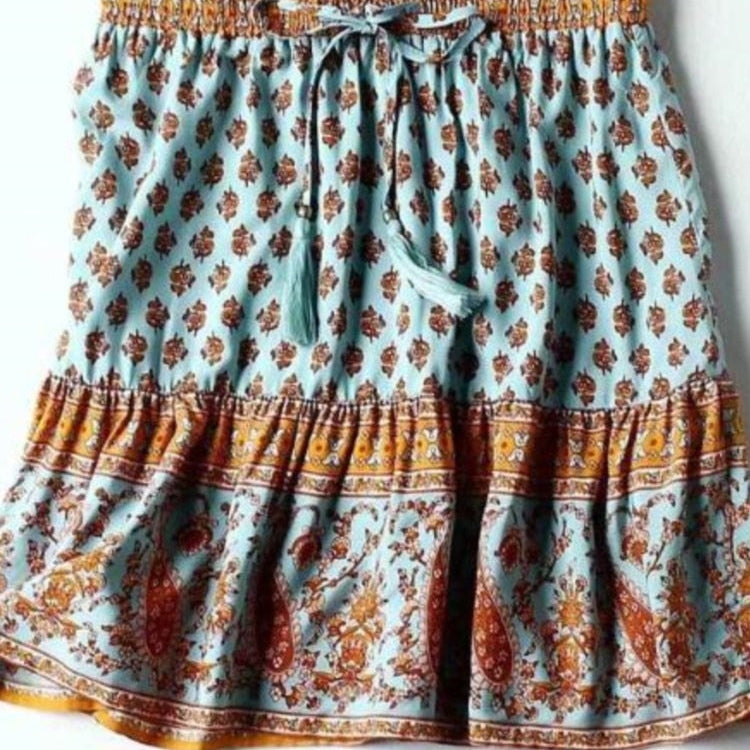 Bohemian Lacing up Tassel Floral Shirt Sexy Women Elastic Waist Mini Short Skirt Long Sleeve Blouse Holiday 2 Pieces Set turquoise skirt only