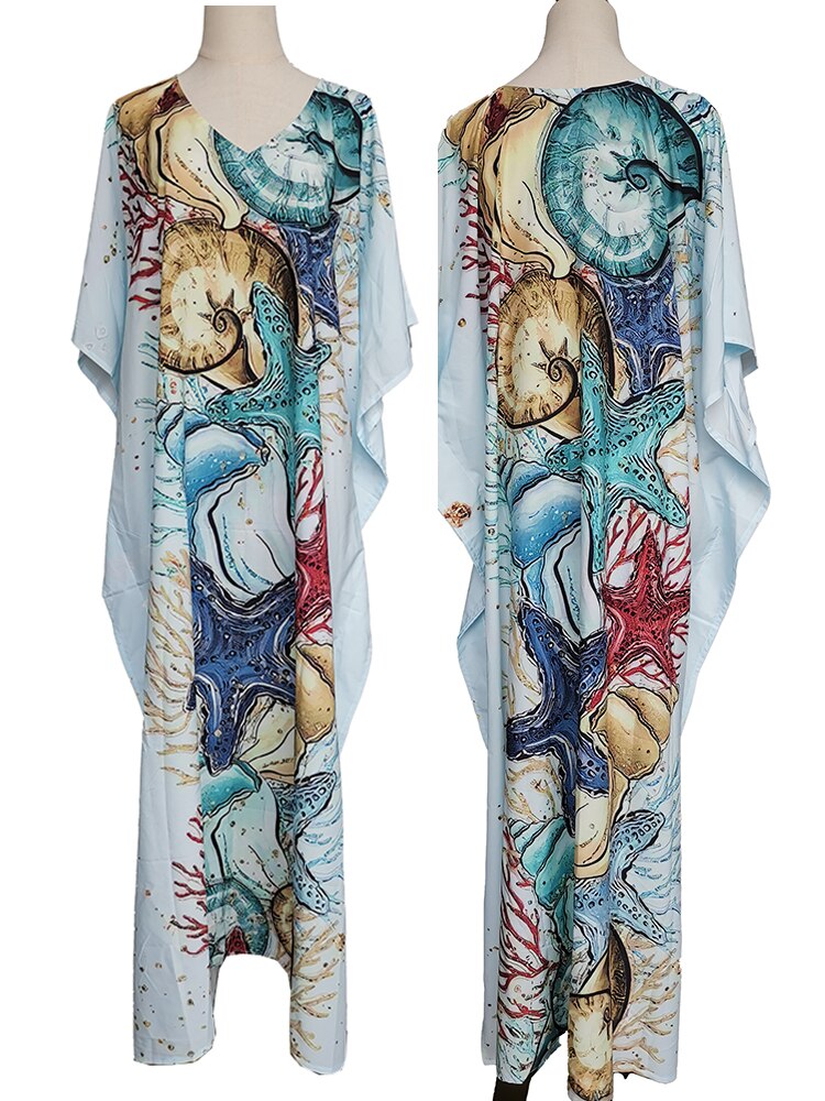 Bohemian Maxi Dress Print Beach Cover Up Robe De Plage Kaftan Pareo Loose Long Dress Bikini Cover Up Sarong Beachwear
