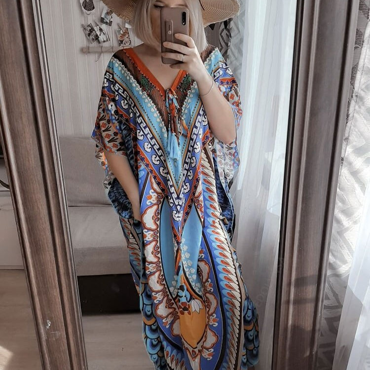 Bohemian Printed Summer Holiday Dress Blue Tunic - Beach Wear Kaftan V-Neck Bats Sleeve Maxi Dress Robe Q956