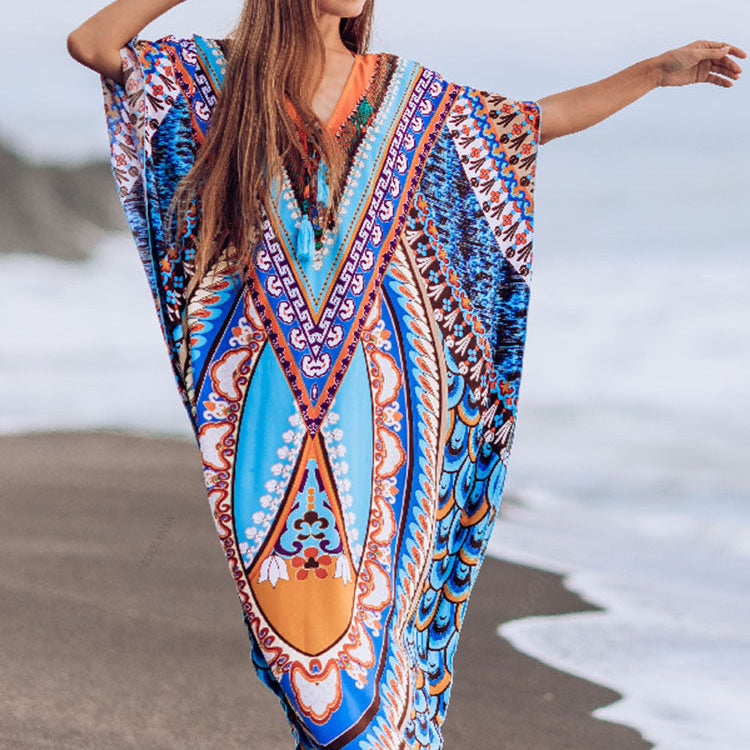 Bohemian Printed Summer Holiday Dress Blue Tunic - Beach Wear Kaftan V-Neck Bats Sleeve Maxi Dress Robe Q956 AMAIO