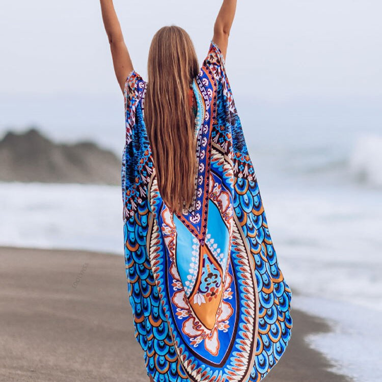 Bohemian Printed Summer Holiday Dress Blue Tunic - Beach Wear Kaftan V-Neck Bats Sleeve Maxi Dress Robe Q956