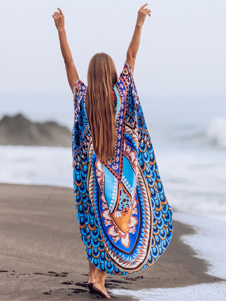 Bohemian Printed Summer Holiday Dress Blue Tunic - Beach Wear Kaftan V-Neck Bats Sleeve Maxi Dress Robe Q956