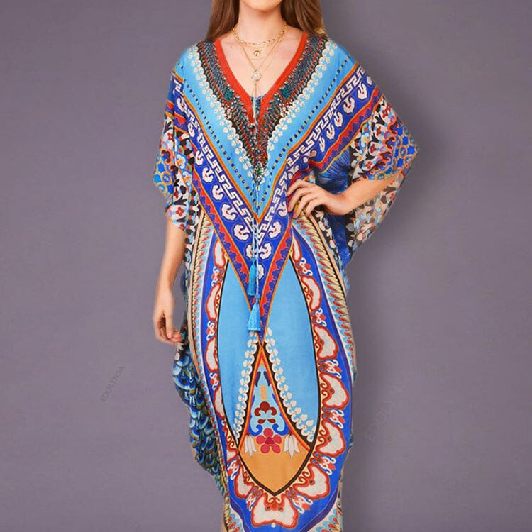 Bohemian Printed Summer Holiday Dress Blue Tunic - Beach Wear Kaftan V-Neck Bats Sleeve Maxi Dress Robe Q956 Q956 One Size
