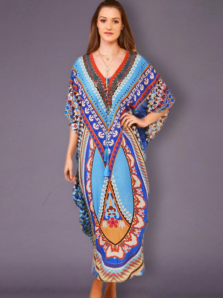 Bohemian Printed Summer Holiday Dress Blue Tunic - Beach Wear Kaftan V-Neck Bats Sleeve Maxi Dress Robe Q956 Q956 One Size