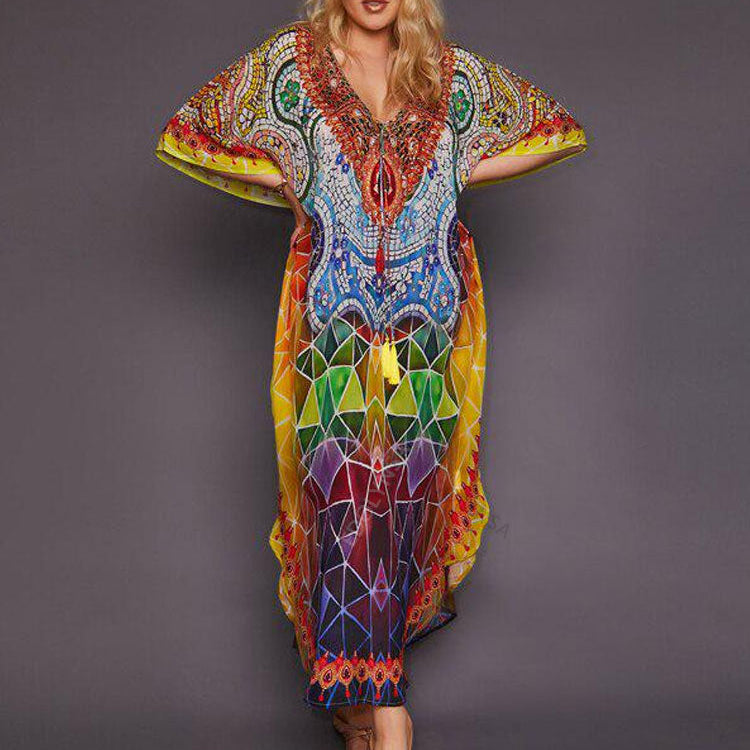 Bohemian Printed Summer Holiday Dress Blue Tunic - Beach Wear Kaftan V-Neck Bats Sleeve Maxi Dress Robe Q956 Q999-956 One Size