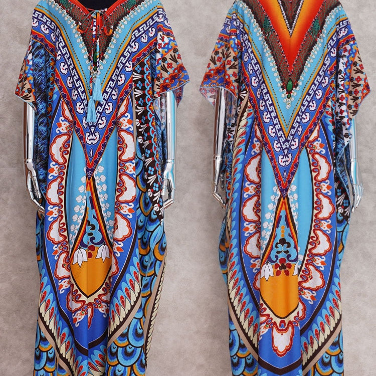 Bohemian Printed Summer Holiday Dress Blue Tunic - Beach Wear Kaftan V-Neck Bats Sleeve Maxi Dress Robe Q956