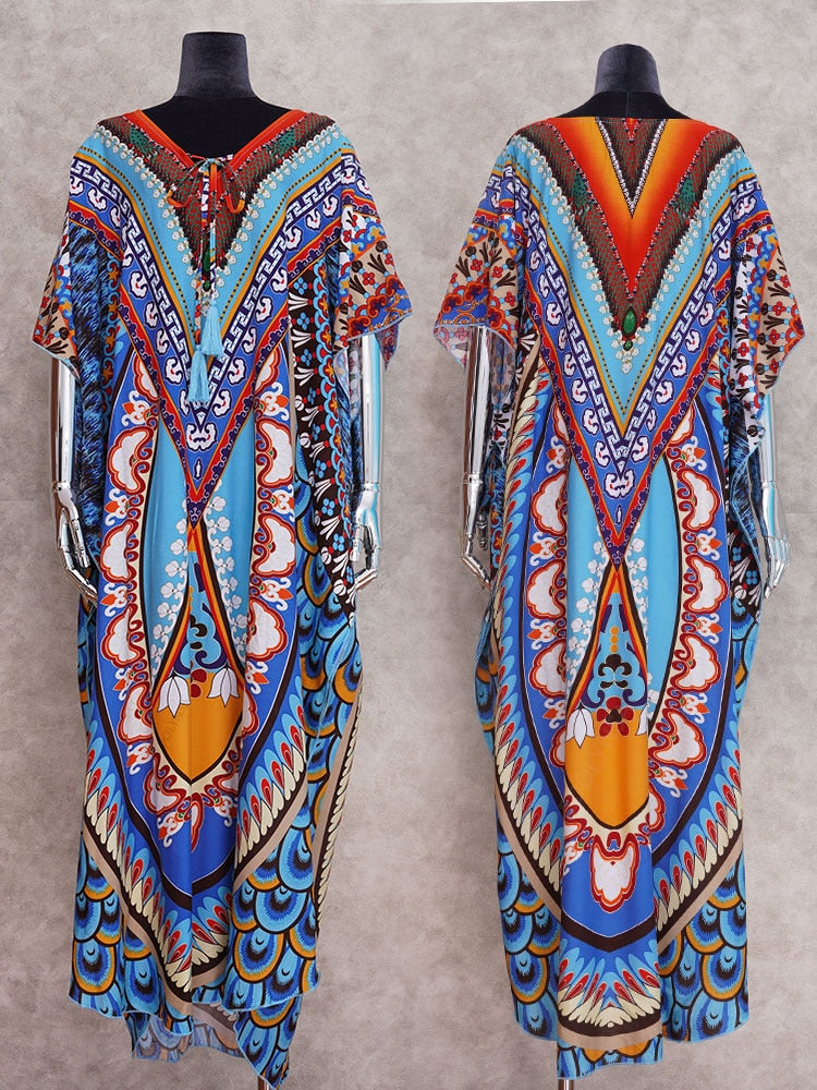 Bohemian Printed Summer Holiday Dress Blue Tunic - Beach Wear Kaftan V-Neck Bats Sleeve Maxi Dress Robe Q956