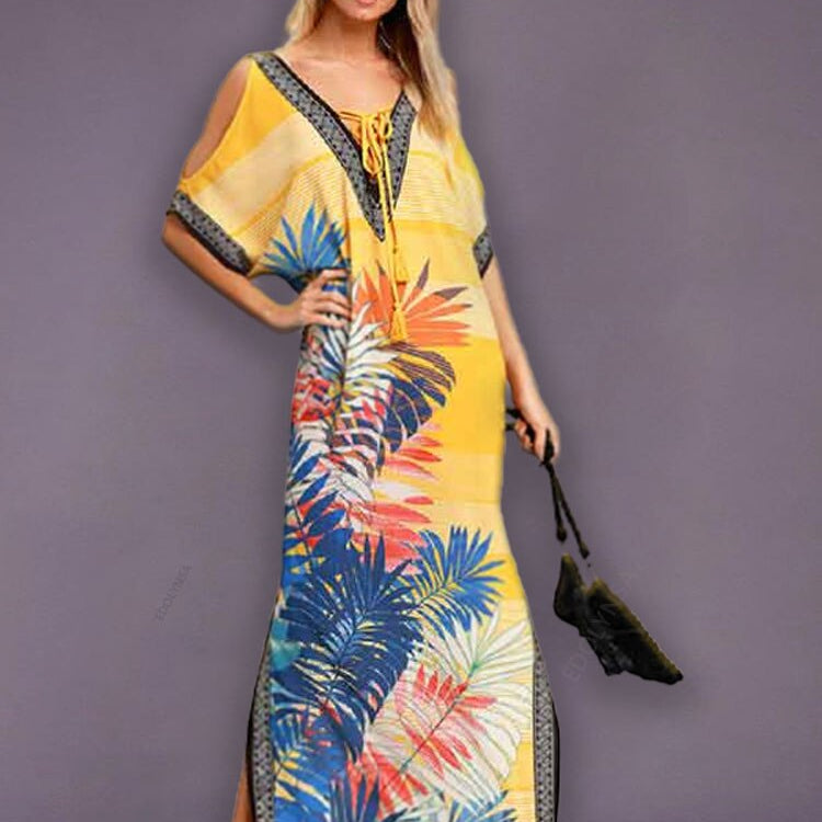 Bohemian Printed Summer Holiday Dress Blue Tunic - Beach Wear Kaftan V-Neck Bats Sleeve Maxi Dress Robe Q956 Q904-956 One Size
