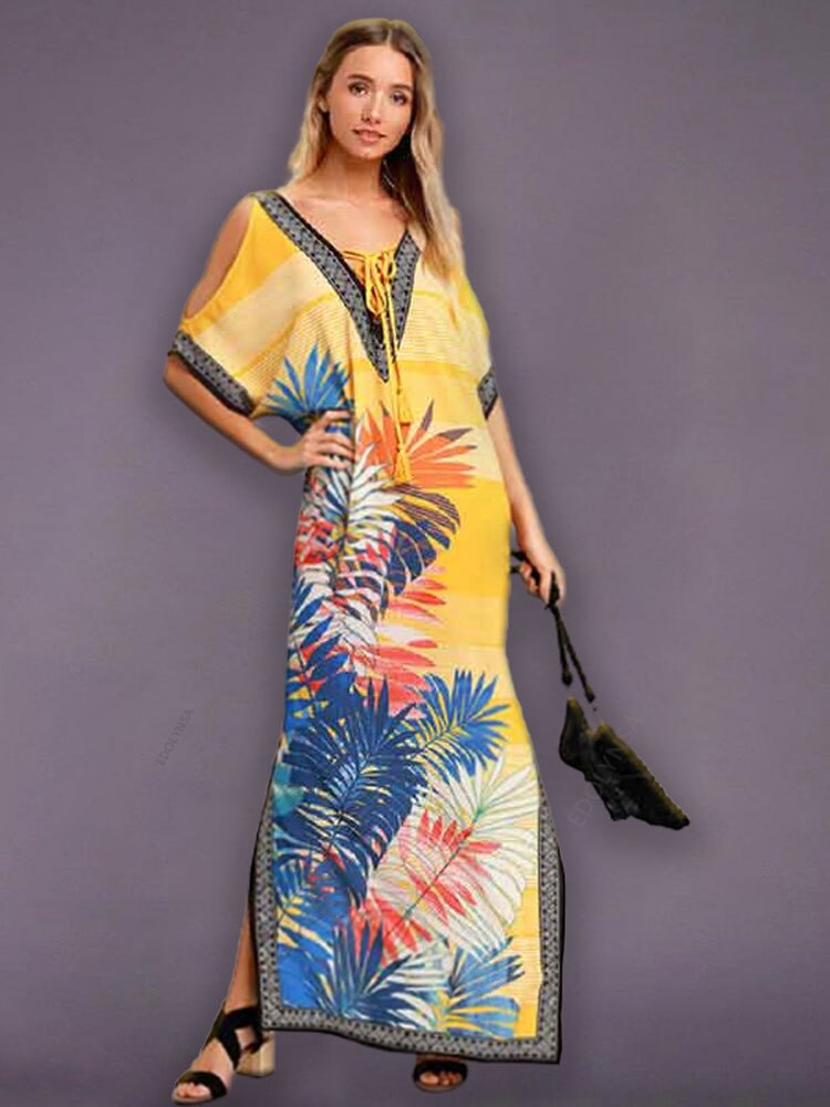 Bohemian Printed Summer Holiday Dress Blue Tunic - Beach Wear Kaftan V-Neck Bats Sleeve Maxi Dress Robe Q956 Q904-956 One Size
