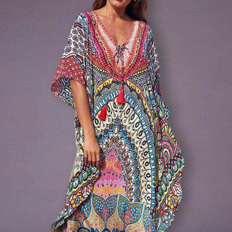 Bohemian Printed Summer Holiday Dress Blue Tunic - Beach Wear Kaftan V-Neck Bats Sleeve Maxi Dress Robe Q956 Q897-956 One Size