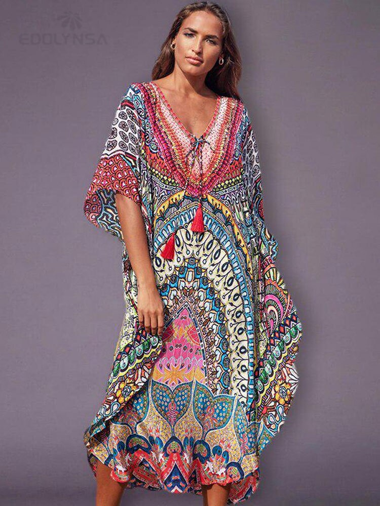 Bohemian Printed Summer Holiday Dress Blue Tunic - Beach Wear Kaftan V-Neck Bats Sleeve Maxi Dress Robe Q956 Q897-956 One Size