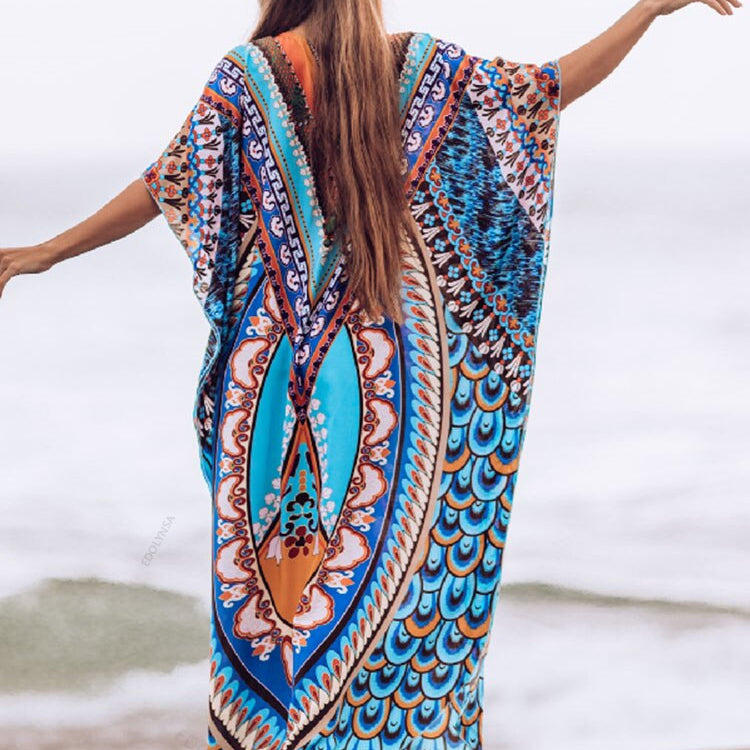 Bohemian Printed Summer Holiday Dress Blue Tunic - Beach Wear Kaftan V-Neck Bats Sleeve Maxi Dress Robe Q956