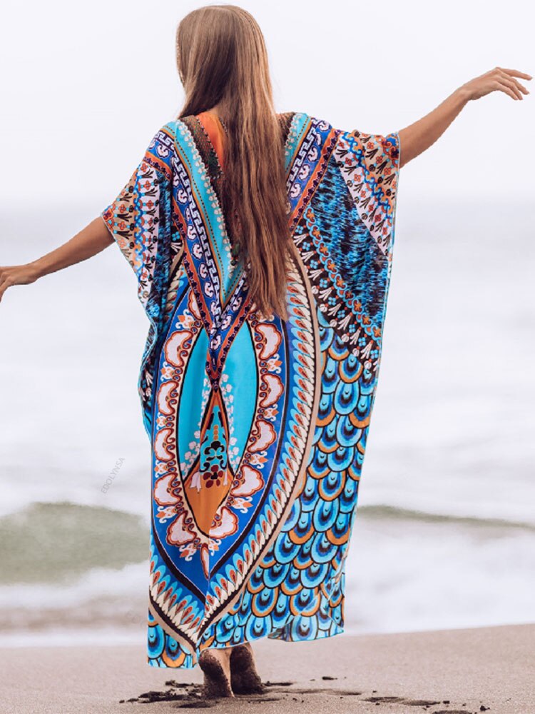 Bohemian Printed Summer Holiday Dress Blue Tunic - Beach Wear Kaftan V-Neck Bats Sleeve Maxi Dress Robe Q956