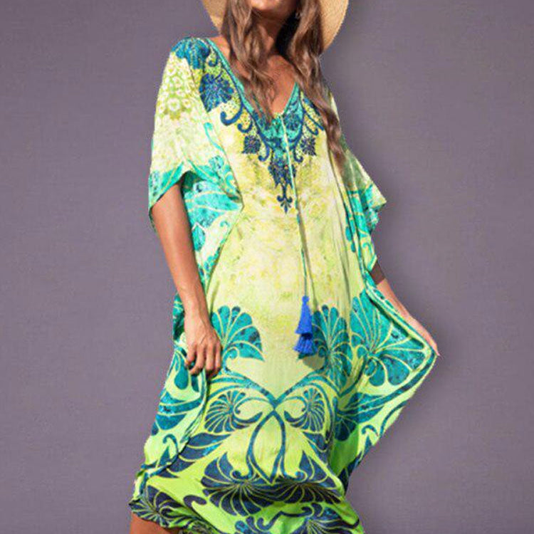 Bohemian Printed Summer Holiday Dress Blue Tunic - Beach Wear Kaftan V-Neck Bats Sleeve Maxi Dress Robe Q956 Q845-956 One Size