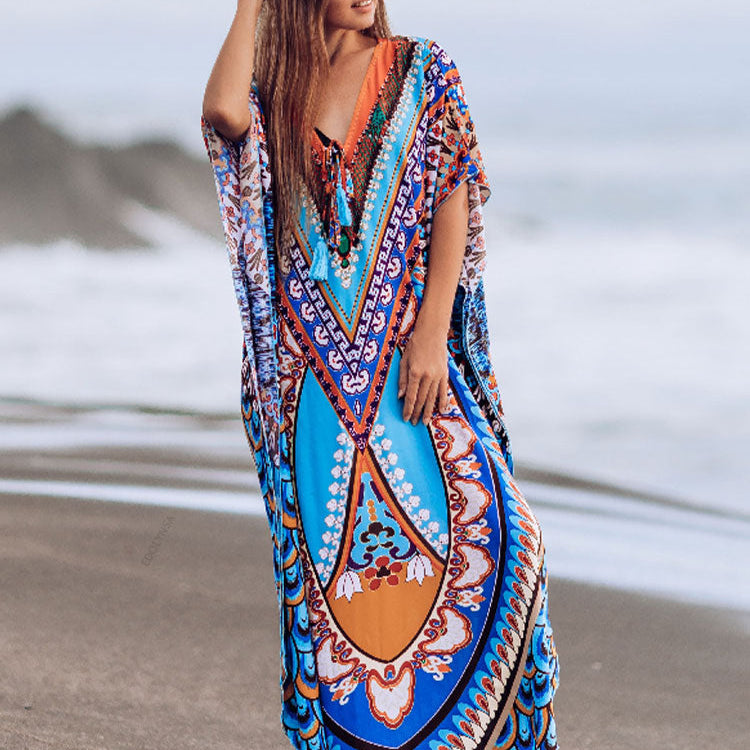 Bohemian Printed Summer Holiday Dress Blue Tunic - Beach Wear Kaftan V-Neck Bats Sleeve Maxi Dress Robe Q956