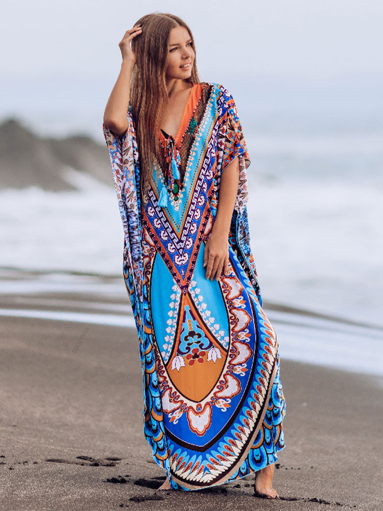 Bohemian Printed Summer Holiday Dress Blue Tunic - Beach Wear Kaftan V-Neck Bats Sleeve Maxi Dress Robe Q956