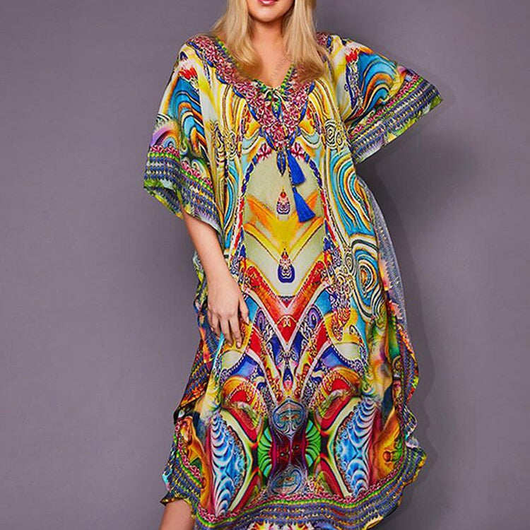 Bohemian Printed Summer Holiday Dress Blue Tunic - Beach Wear Kaftan V-Neck Bats Sleeve Maxi Dress Robe Q956 Q1151-956 One Size