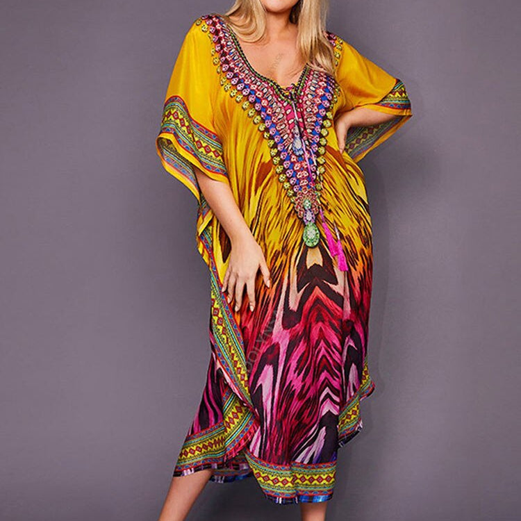 Bohemian Printed Summer Holiday Dress Blue Tunic - Beach Wear Kaftan V-Neck Bats Sleeve Maxi Dress Robe Q956 Q1149-956 One Size