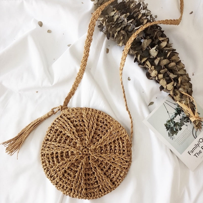 Bohemian Straw Bags for Women Circle Beach Handbags Summer Rattan Shoulder Bags Handmade Knitted Travel Big Totes Bag 2024 New Brown
