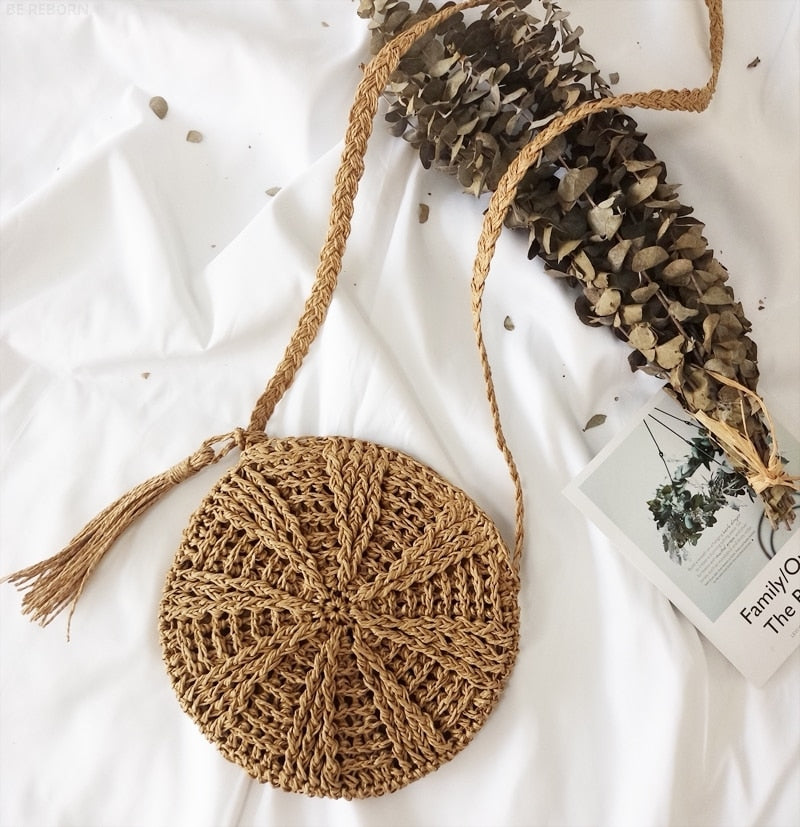 Bohemian Straw Bags for Women Circle Beach Handbags Summer Rattan Shoulder Bags Handmade Knitted Travel Big Totes Bag 2024 New Brown