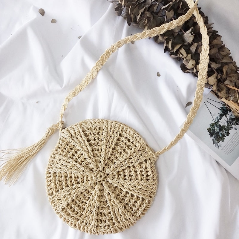 Bohemian Straw Bags for Women Circle Beach Handbags Summer Rattan Shoulder Bags Handmade Knitted Travel Big Totes Bag 2024 New Beige 1