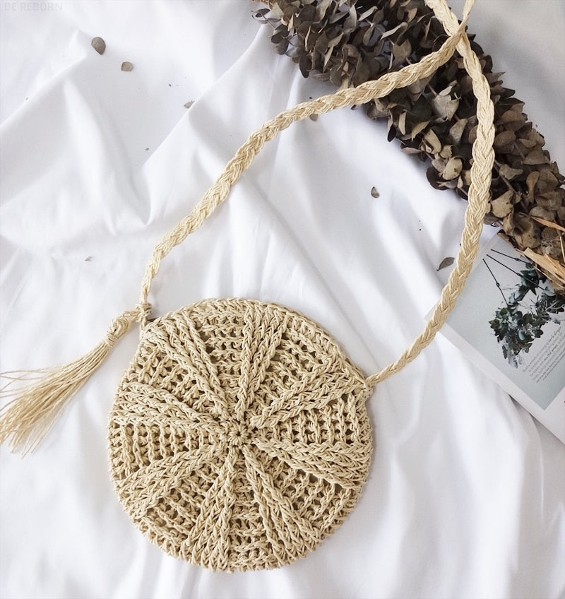 Bohemian Straw Bags for Women Circle Beach Handbags Summer Rattan Shoulder Bags Handmade Knitted Travel Big Totes Bag 2024 New Beige 1