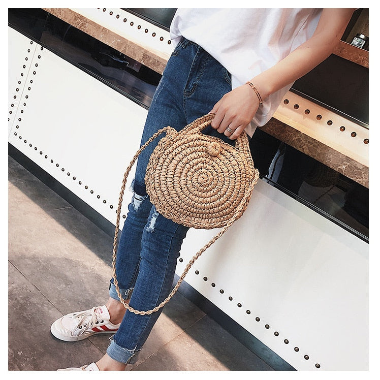 Bohemian Straw Bags for Women Circle Beach Handbags Summer Rattan Shoulder Bags Handmade Knitted Travel Big Totes Bag 2024 New Brown 1
