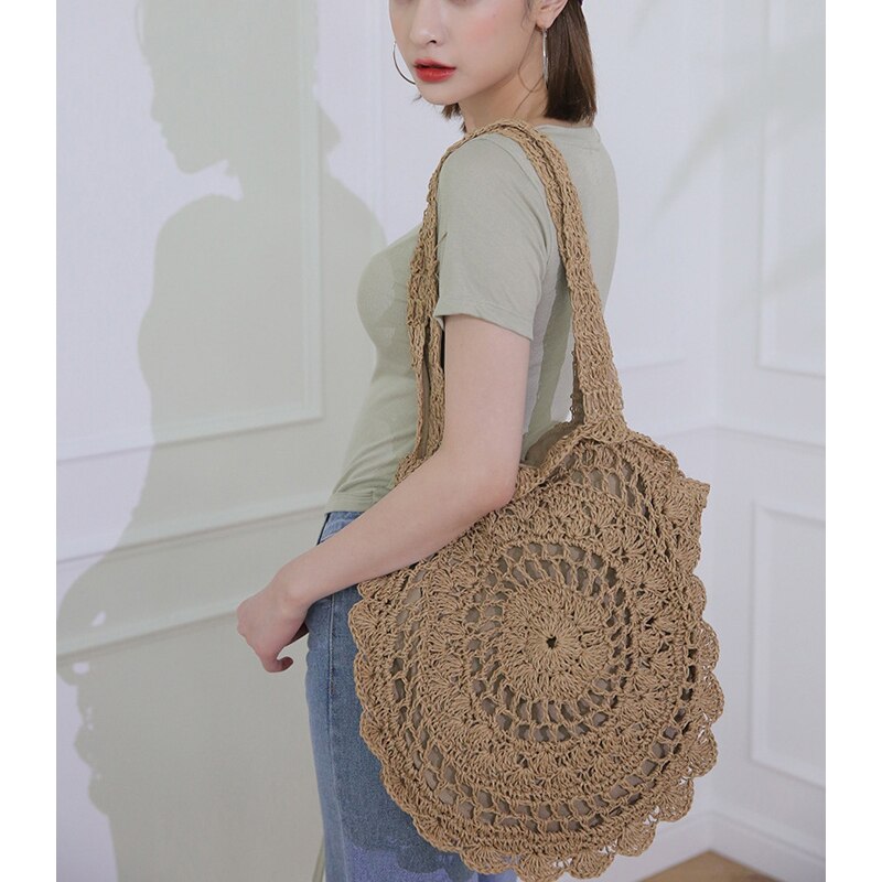 Bohemian Straw Bags for Women Circle Beach Handbags Summer Rattan Shoulder Bags Handmade Knitted Travel Big Totes Bag 2024 New