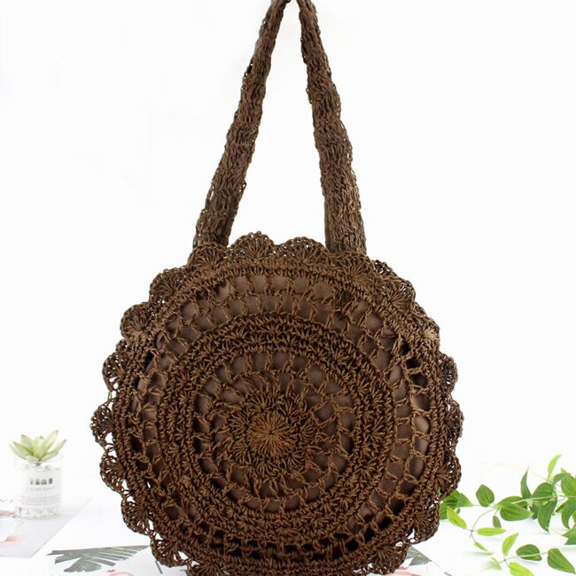 Bohemian Straw Bags for Women Circle Beach Handbags Summer Rattan Shoulder Bags Handmade Knitted Travel Big Totes Bag 2024 New DarkBrown