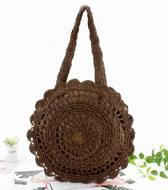 Bohemian Straw Bags for Women Circle Beach Handbags Summer Rattan Shoulder Bags Handmade Knitted Travel Big Totes Bag 2024 New DarkBrown
