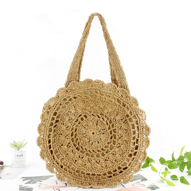 Bohemian Straw Bags for Women Circle Beach Handbags Summer Rattan Shoulder Bags Handmade Knitted Travel Big Totes Bag 2024 New LightBrown