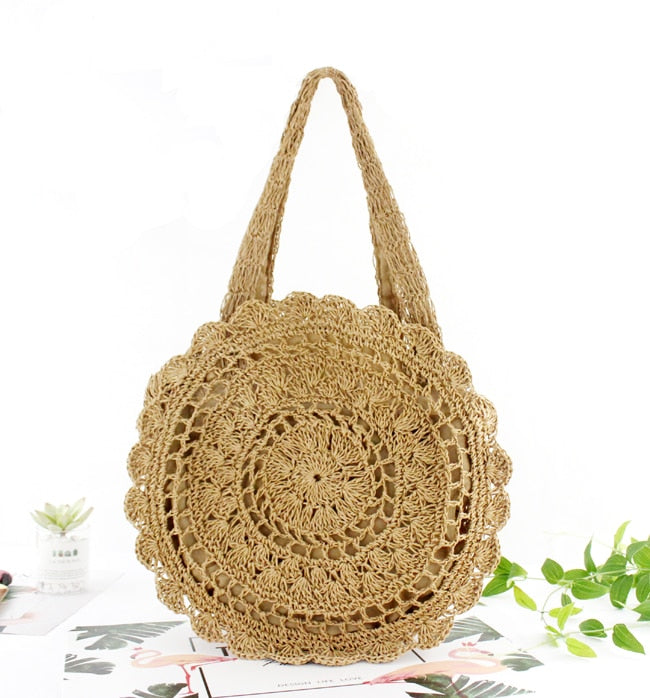 Bohemian Straw Bags for Women Circle Beach Handbags Summer Rattan Shoulder Bags Handmade Knitted Travel Big Totes Bag 2024 New LightBrown