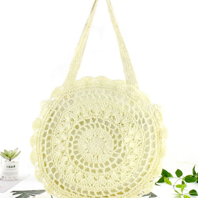 Bohemian Straw Bags for Women Circle Beach Handbags Summer Rattan Shoulder Bags Handmade Knitted Travel Big Totes Bag 2024 New White