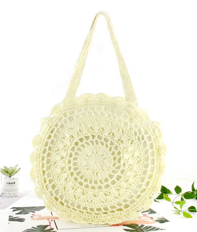 Bohemian Straw Bags for Women Circle Beach Handbags Summer Rattan Shoulder Bags Handmade Knitted Travel Big Totes Bag 2024 New White