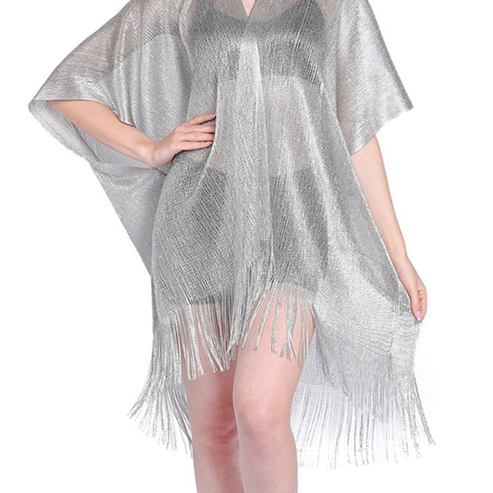 Boho Bikini Cover Up Beach Pareo Women Sexy See-through Mesh Fringe Kimono Sarong Silver One Size