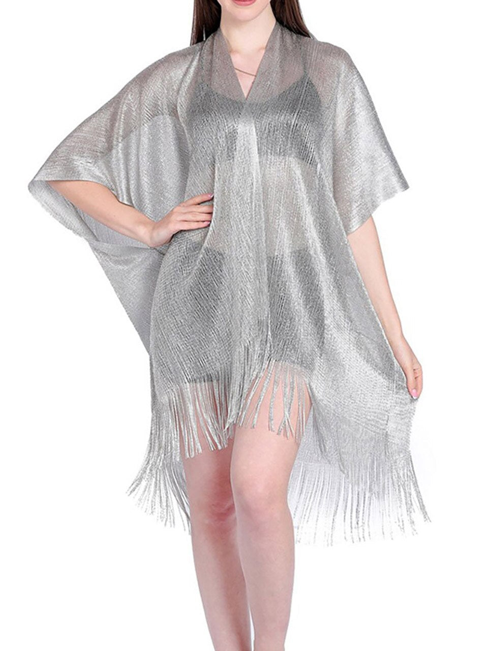 Boho Bikini Cover Up Beach Pareo Women Sexy See-through Mesh Fringe Kimono Sarong Silver One Size