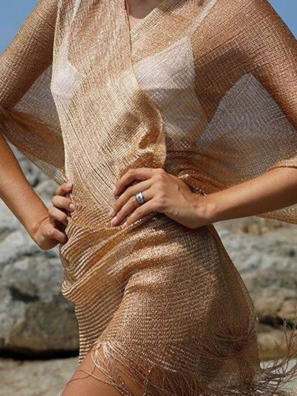 Boho Bikini Cover Up Beach Pareo Women Sexy See-through Mesh Fringe Kimono Sarong