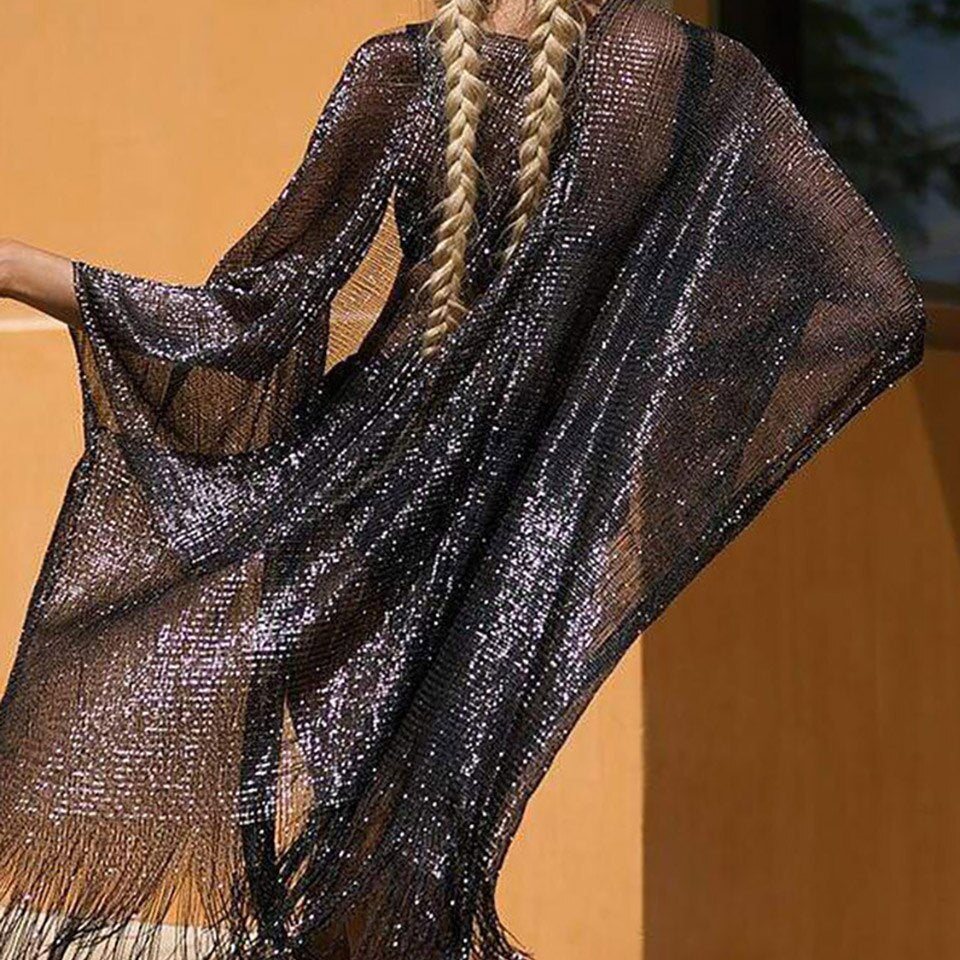 Boho Bikini Cover Up Beach Pareo Women Sexy See-through Mesh Fringe Kimono Sarong